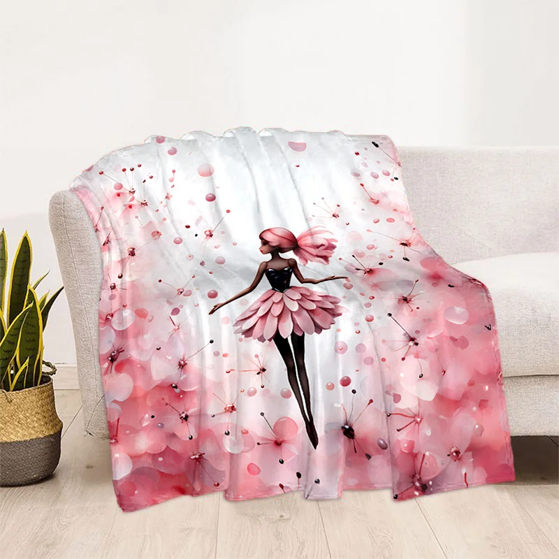 Newest Pink Dandelion Ballerina Silhouette Flannel Throw Blanket, Elegant Ballet Girl Blanket for Bedroom Sofa Decor