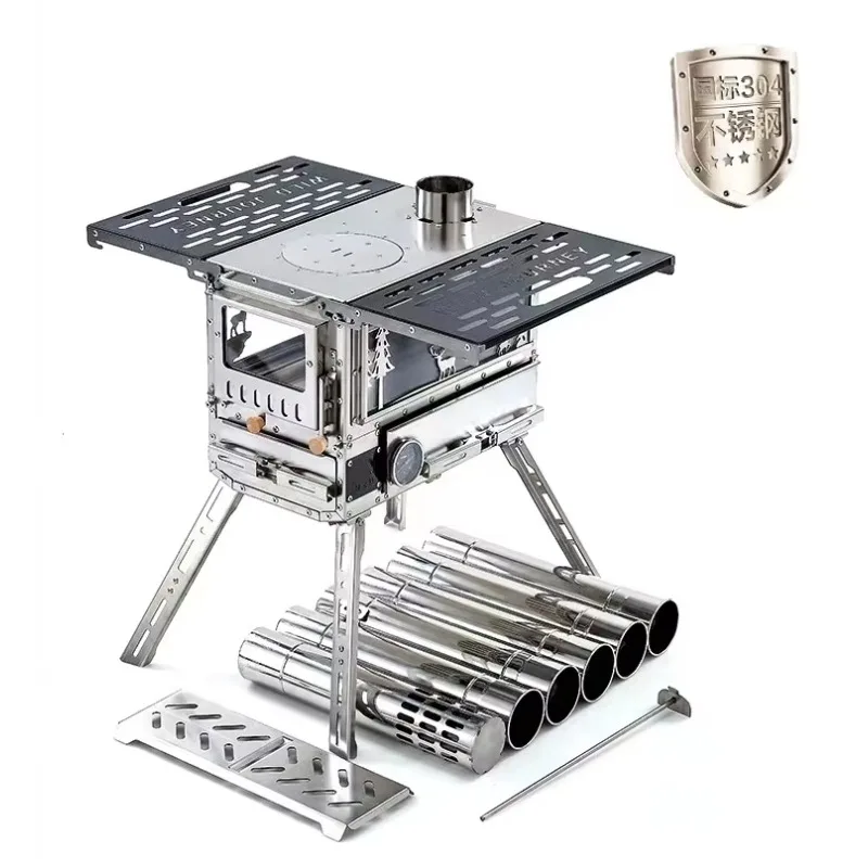 All-In-One Stainless Steel Foldable Camping Oven Multi-Function Pellet and Wood Stove with Burning Feature