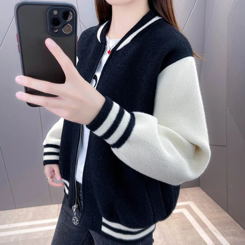 2025 Winter Women's Loose Fitting Retro Wool Blazer Sporty Jacket Color Block Patchwork Outerwear
