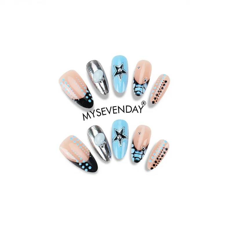 24PCS Sweet Cool Almond Press on Nails Ins Blue Star Polka Dots Patterns French Fake Nails for Women Metallic Silver Nail Tips