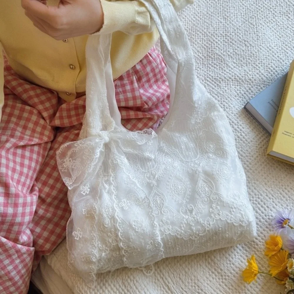 쇼핑 자수 레이스 숄더 백 리본 토트 백 캔버스 핸드백 조끼 가방 천 대용량 가방 매일