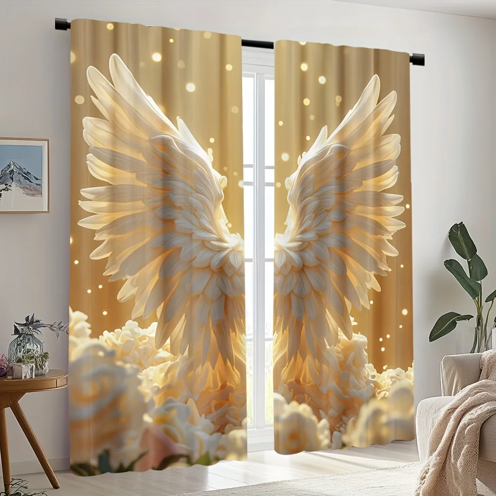 2pcs Gold Angel Wing Door Curtains – Soft Sheer Polyester for Bedroom, Living Room, Office & Café Decor