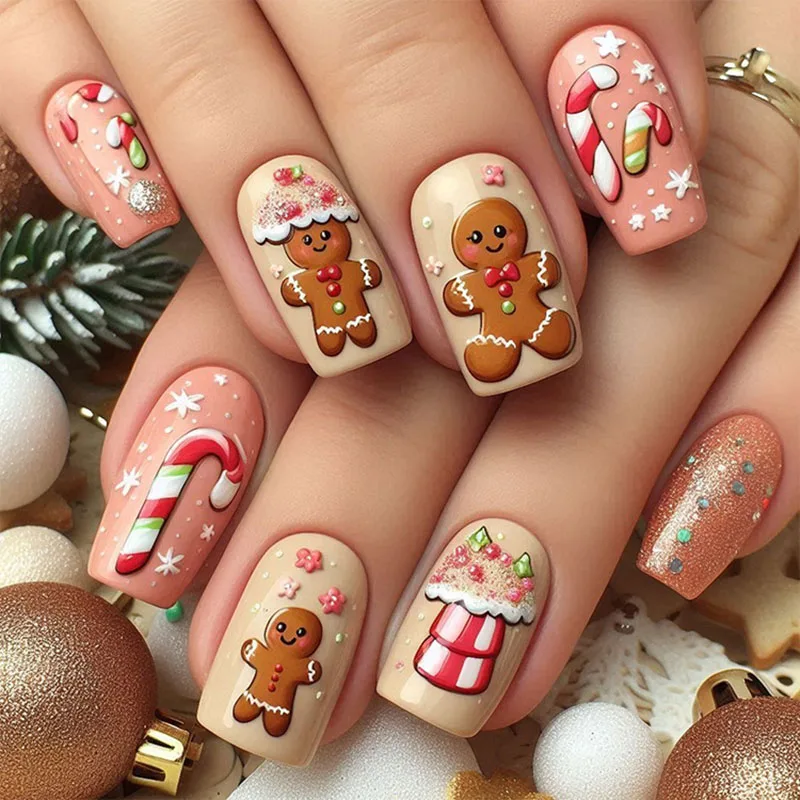 

24Pcs Long Square Press on Nails - Christmas Party Design with Colorful Candy Canes, Brown Bear, White Snowflakes