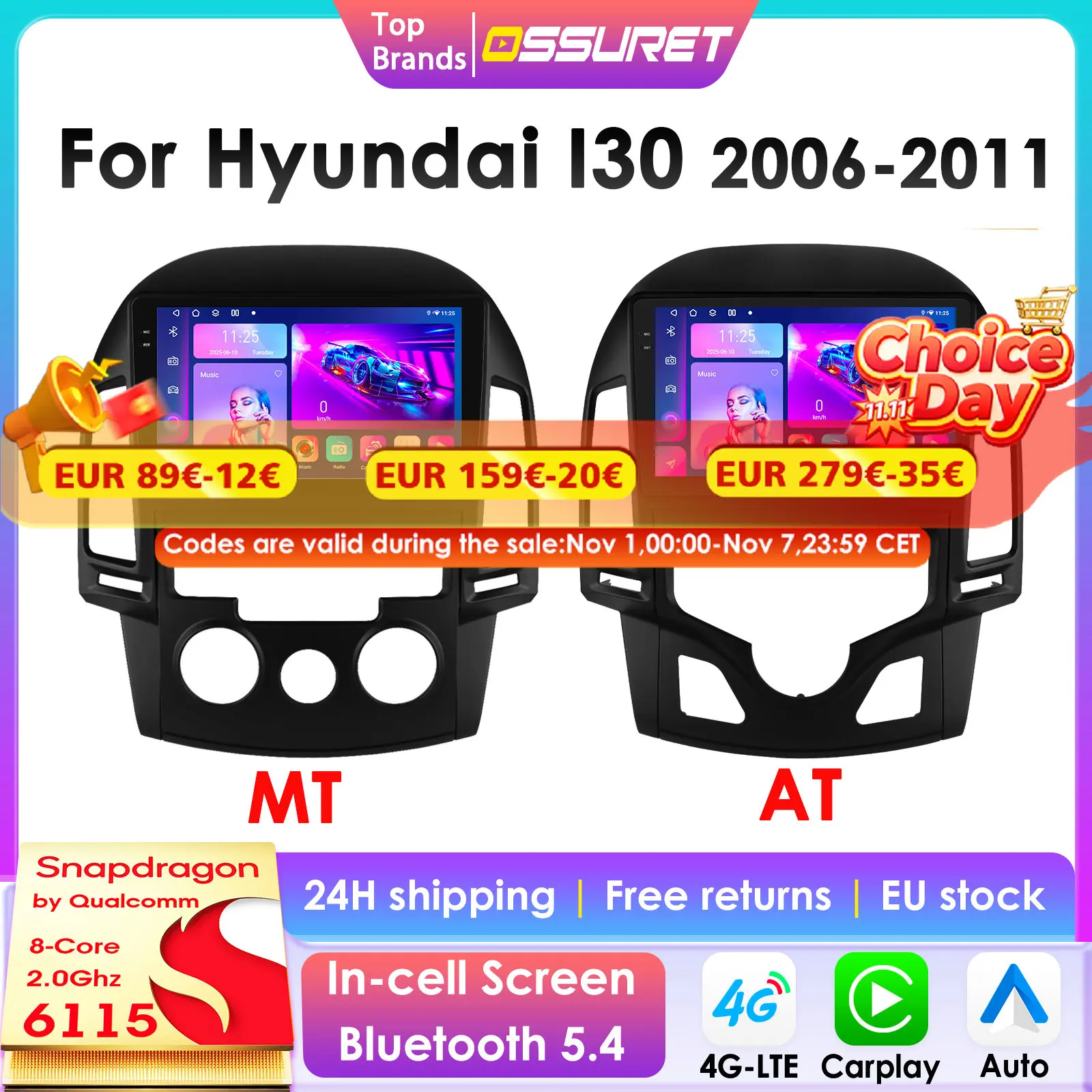 2Din Carplay Android Car Radio For Hyundai I30 i30 AT MT 2006 - 2011 Car Multimedia Player Navi GPS Autoradio 4G-LET RDS 6115