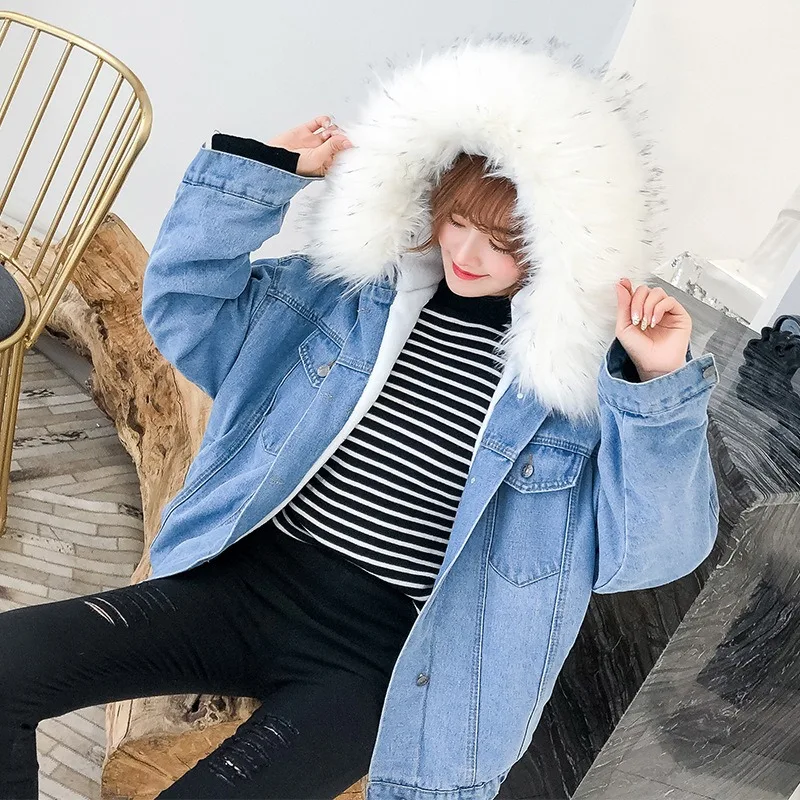 Women's Clothing Autumn Winter Denim Jacket Warm New Coats Fleece Lining Thickened Large Fur Collar Korean Lambswool Outerwear