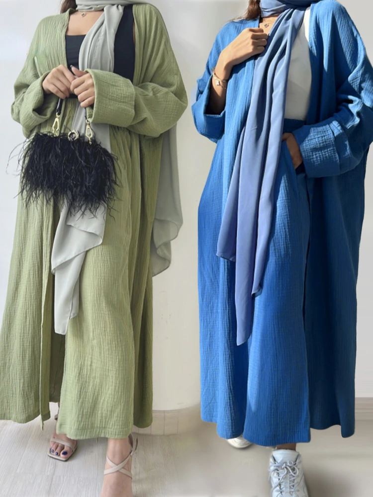 Abayas deux pièces pour femmes musulmanes, ensemble assressenti, robe décontractée, cardigan à manches longues, pantalon monochrome, jambe droite,