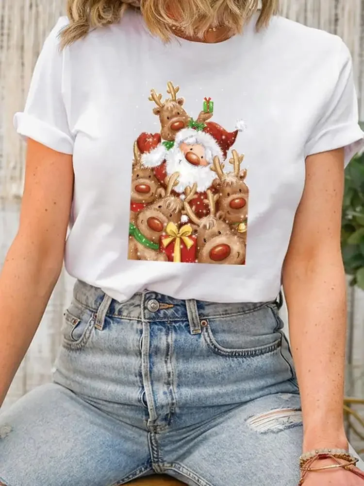 Print Clothing Fashion New Year Women Tee Top Christmas Lady Sweet Season Trend Short Sleeve Shirt Clothes Graphic T-shirt