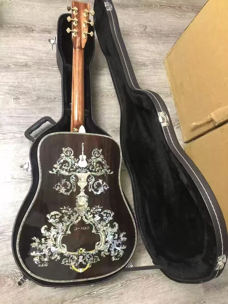 Solid Solid Wood D100 Series Full Abalone Inlaid Black Finger Acoustic Guitar