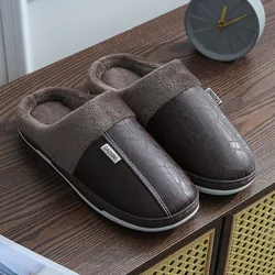 Men's slippers Home Winter Indoor Warm Shoes Thick Bottom Plush Waterproof Leather House slippers man Cotton shoes 2023 New