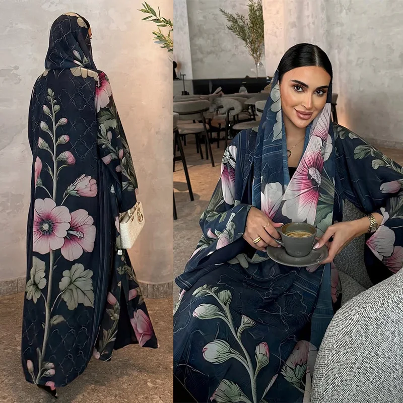 

Luxurious Abaya FullLength Sleeve BotanicalPrint Abaya OpenFront Summer Seaside Abaya Coordinated Headscarf Wrap Kaftan