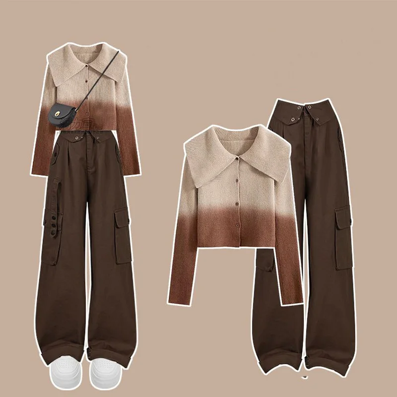 Autumn and Winter Set Women\'s 2023 New Coffee Colored Polo Collar Knitted Cardigan Slim and Versatile Workwear Trouser Set