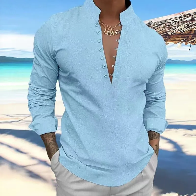 Camicia a maniche lunghe da uomo nuova primavera e autunno camicia monopetto in cotone e lino tinta unita con colletto in piedi