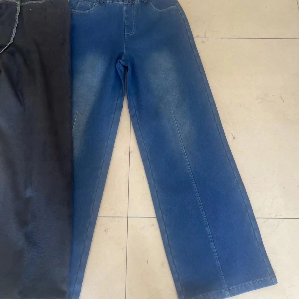 

Women's Fleece-Lined Long High-Waist Wide-Leg Jeans Retro Straight-Leg Loose Fit Autumn Winter Pants Four-Sided Elastic