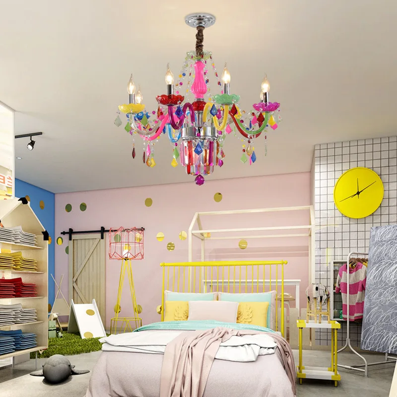 European Style Children\'s Room Colorful Chandelier Girl Princess Bedroom Crystal Droplight Ktv Bar Atmosphere Pendent Lamp