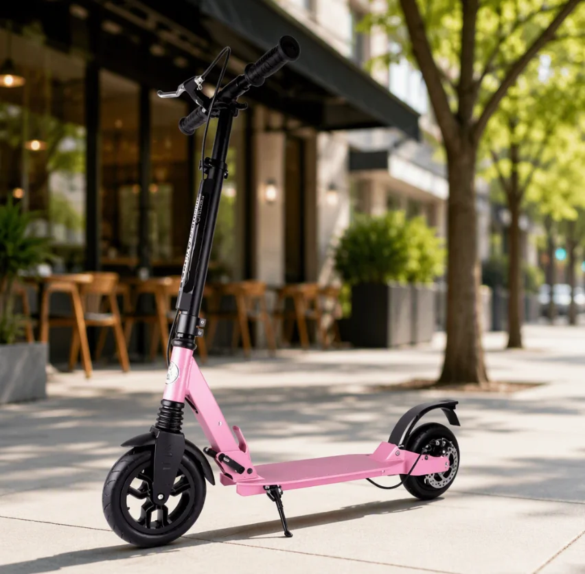 Dual Braking System City Scooter Pink & Black Aluminum Alloy Kick Scooter with Rear Disc Brake and Shock Absorber for Commuting