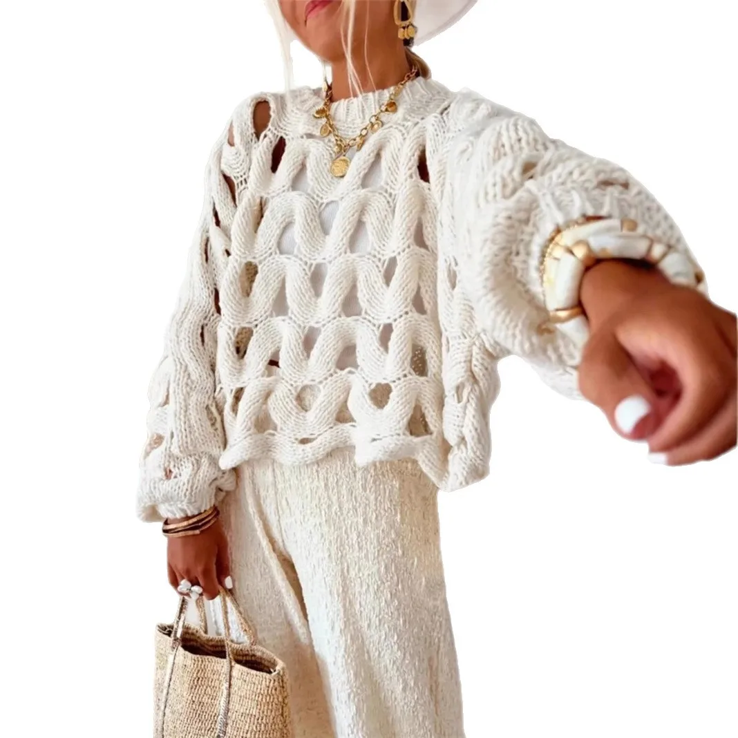 Otoño casual suéter pulóver mujer elegante cuello redondo manga larga blusa suelta 2025 moda de invierno Crochet ahueca hacia fuera Tops de punto