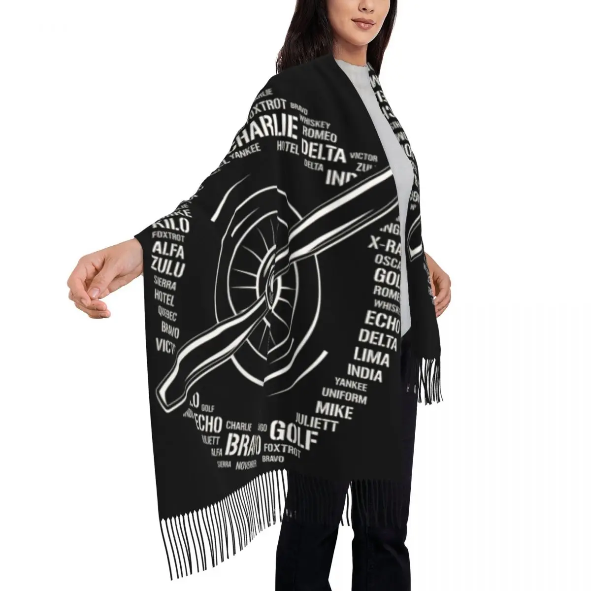 Full Phonetic Pilot Alphabet Plane Propeller Aviation Scarf Tassel Scarves Women Shawls and Wraps Long Fall Winter Shawl Wrap