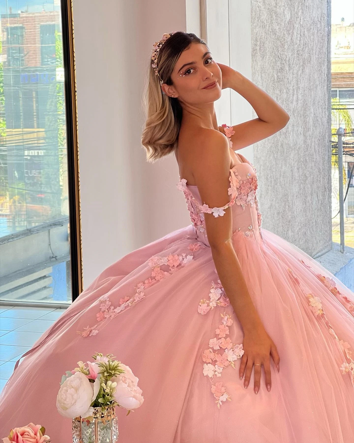 Rosa Prinzessin Quince anera Kleider Ballkleid von der Schulter Tüll Applikationen süß 16 Kleider 15años mexikanisch