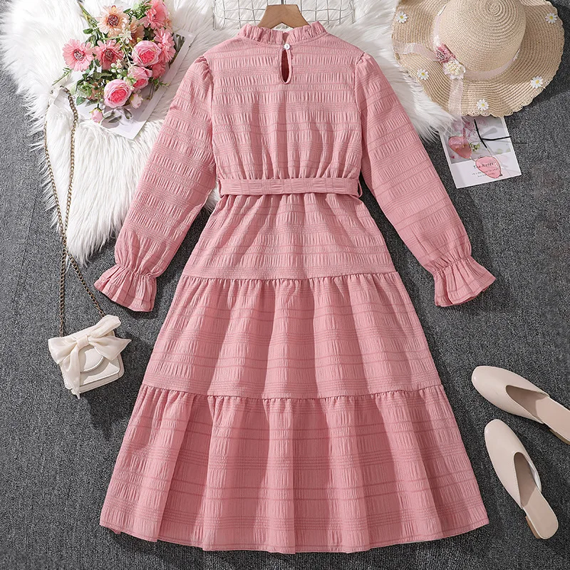 Kids Casual Dress For Girls Clothes Autumn Winter 2024 New Child Fashion Long Sleeve Pink Princess Dress with Belt 7-14Y