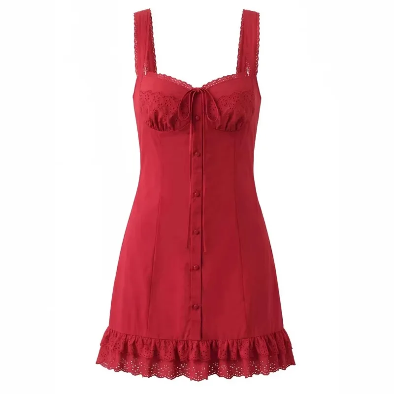 Spring New Style Sweet and Spicy French Retro Square Neck Sweet Lace Lace Patchwork Lace-up Waist Slimming Mini Dress Fashion