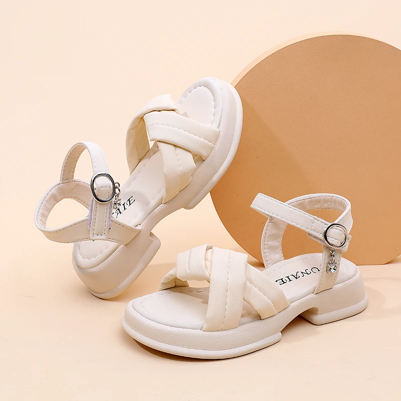 

2024 Summer Children Sliders Cross-tied Houndstooth Morden Girl's Sandals Round Toe 23-36 Light Kids Platform Flat Shoes