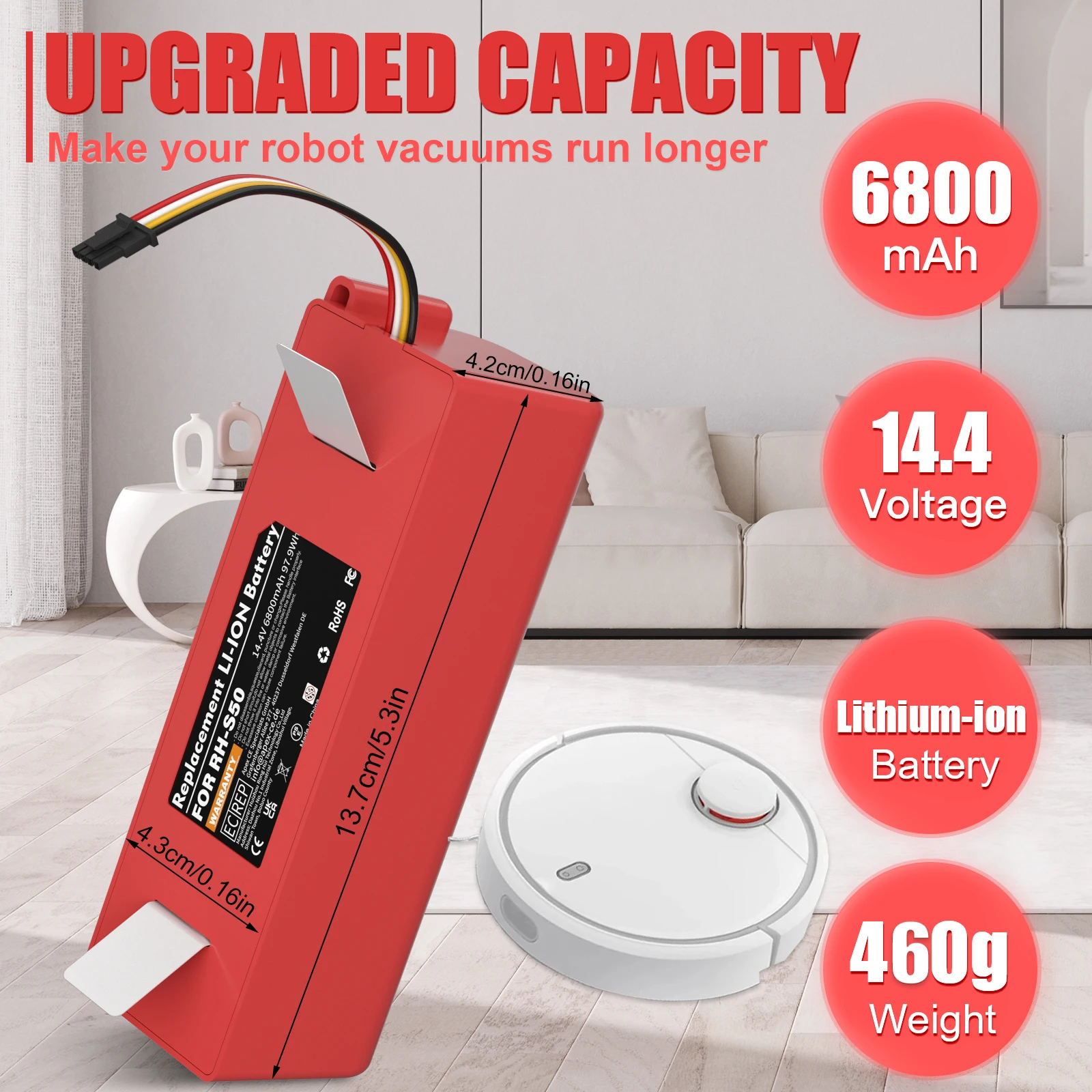 Vacuum Cleaner Battery Replacement For Xiaomi Roborock S50 S51 S55 T60 E352-00 S502-00 C10 E20 E35 14.4V 6.8AH SC Batteries