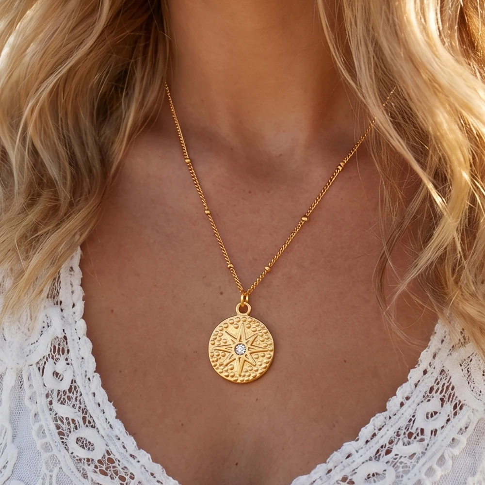 

Stainless Steel Round Circle Star Inlaid Zircon Pendant Necklace 18K Gold Color Chain Choker Statement Jewelry Gifts for Women