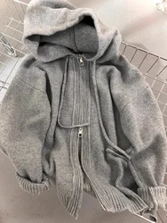 Gray Hood Sweater Outerwear Women Loose Spring, Autumn and Winter Outdoor Idle Sle Thickened Knitted Double Zipper Hoodie C...