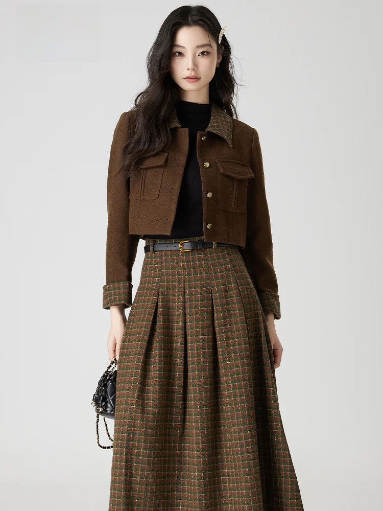 

Осенне-зимний комплект клетчатой юбки, женская шерстяная юбка, длинная длина, осенний начальный комплект, осенне-зимний ансамбль Faion