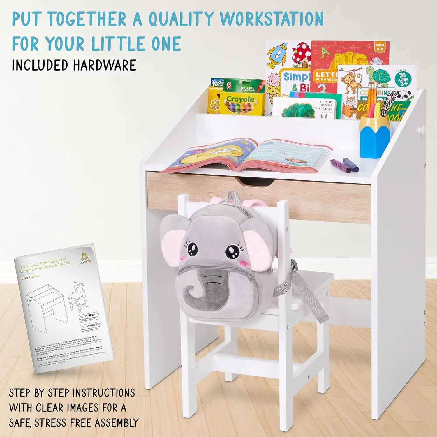 Home School Learning Workstation with Writing Table, Storage Drawer, Tabletop Organizer & Hanging Hooks for Children Studying, R