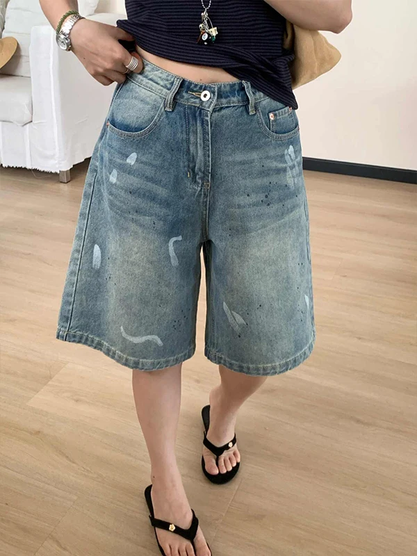 plus Size Retro Graffiti Five-Point Denim Jeans Women Summer Loose Slimming Wide Leg Straight Cut Pants High Waist Zipper