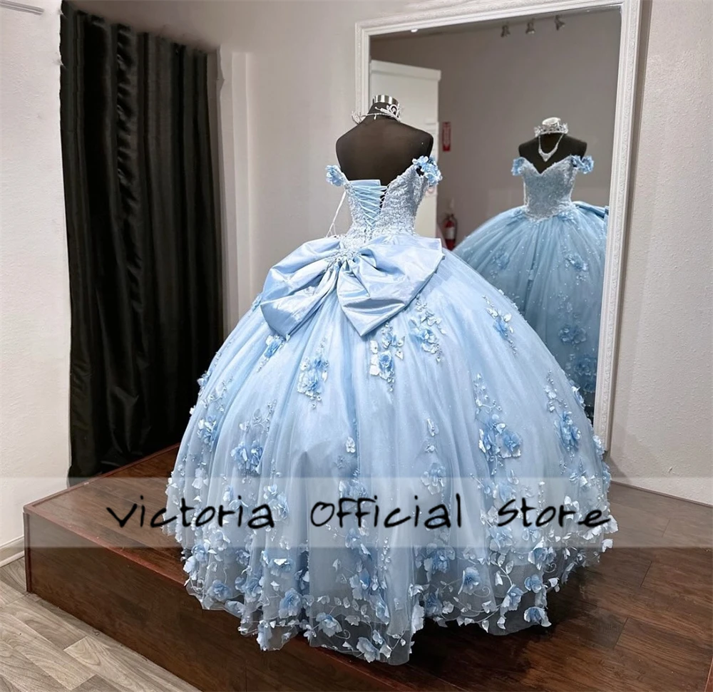 Designer blau 3d Blumen Quince anera Kleider aus der Schulter Ballkleid süß sechzehn Kleid Brautkleider Vestido de Gala