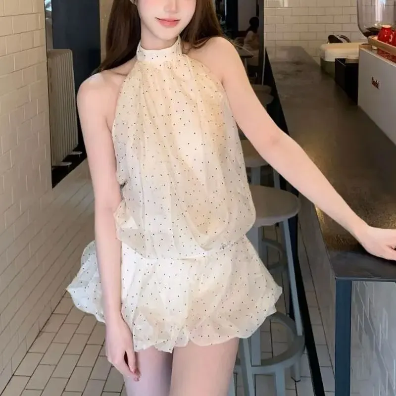 

Stylish French Style Polka Dot Halter Dresses Female Clothing Sleeveless Summer Elegant Waist Aura Backless Ball Gown Mini Dress