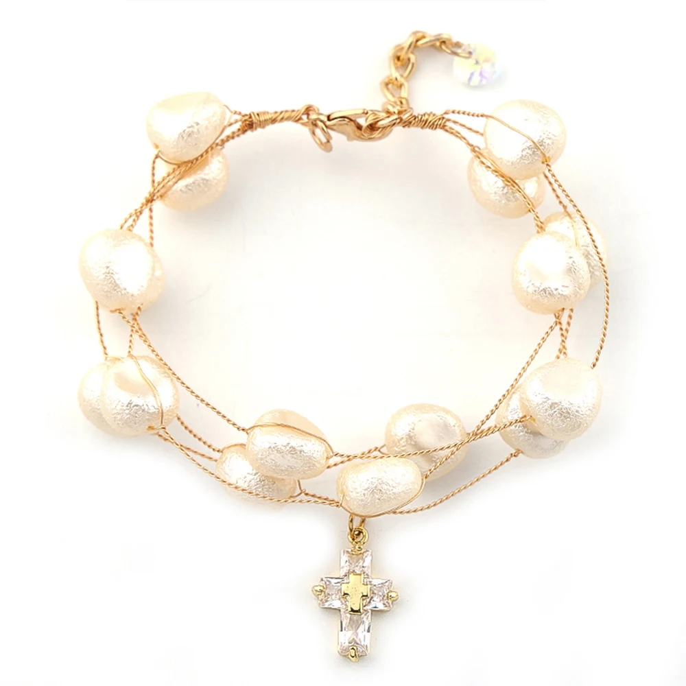 

Multi-Layer Floating Imitation Cotton Pearls Glass Cross Bracelet for Women Stainless Steel Gold Plated Hand Chain Jewelry Gift