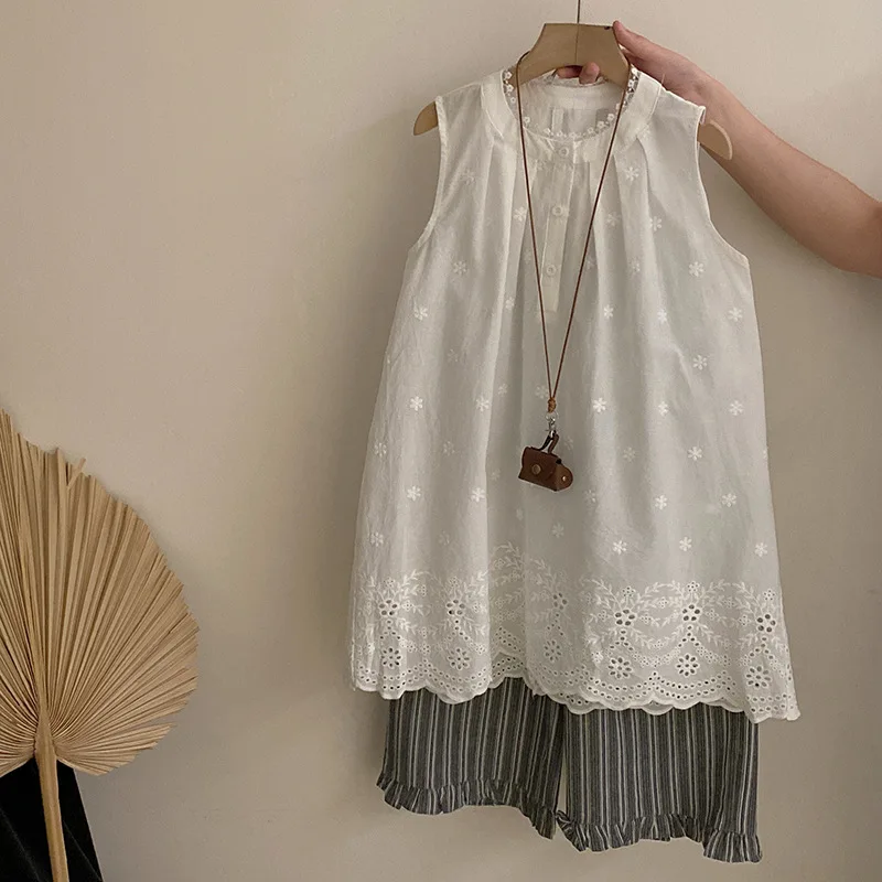 

Korean Girls' Summer Sleeveless Lace Dress 2025 Versatile Foreign Style Striped Loose Wide-leg Pants Two-piece Set