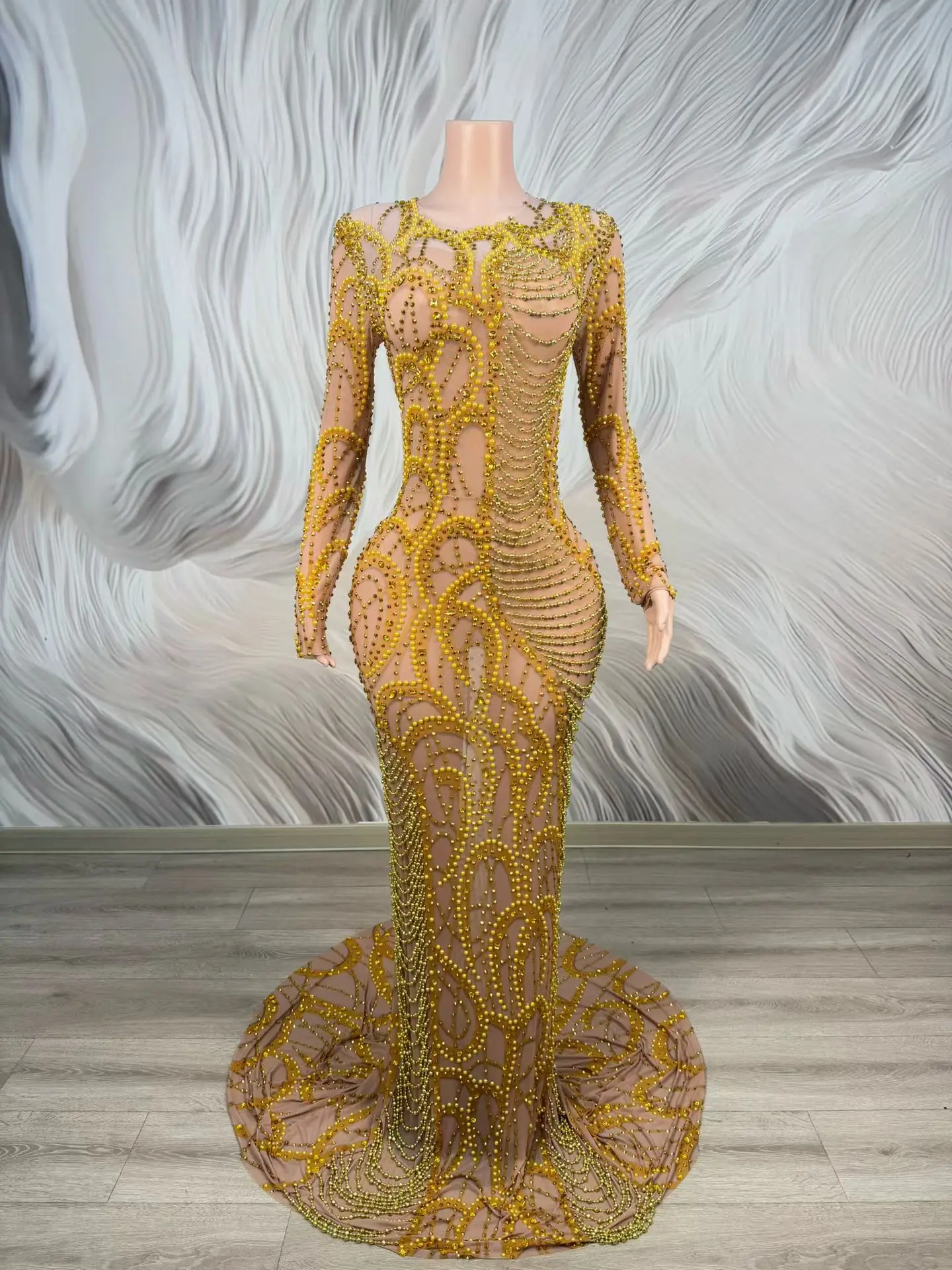 

Yueshi Women Nude Mesh Gold Beaded Mermaid Evening Dress Long Sleeve Formal Prom Red Carpet Party Gown