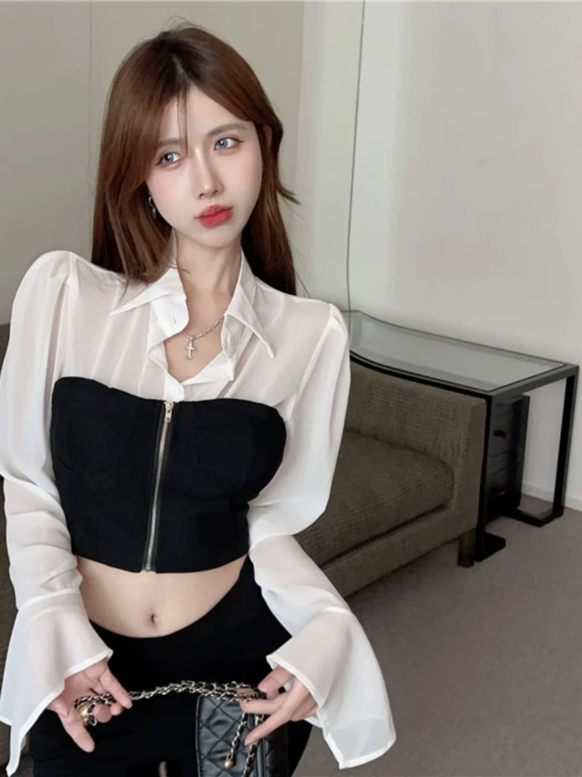 

Ele Long Sve Chiffon irt Women's Faionable Waist-Cinching Top Korean Sle Collar Vine Pattern ort Length