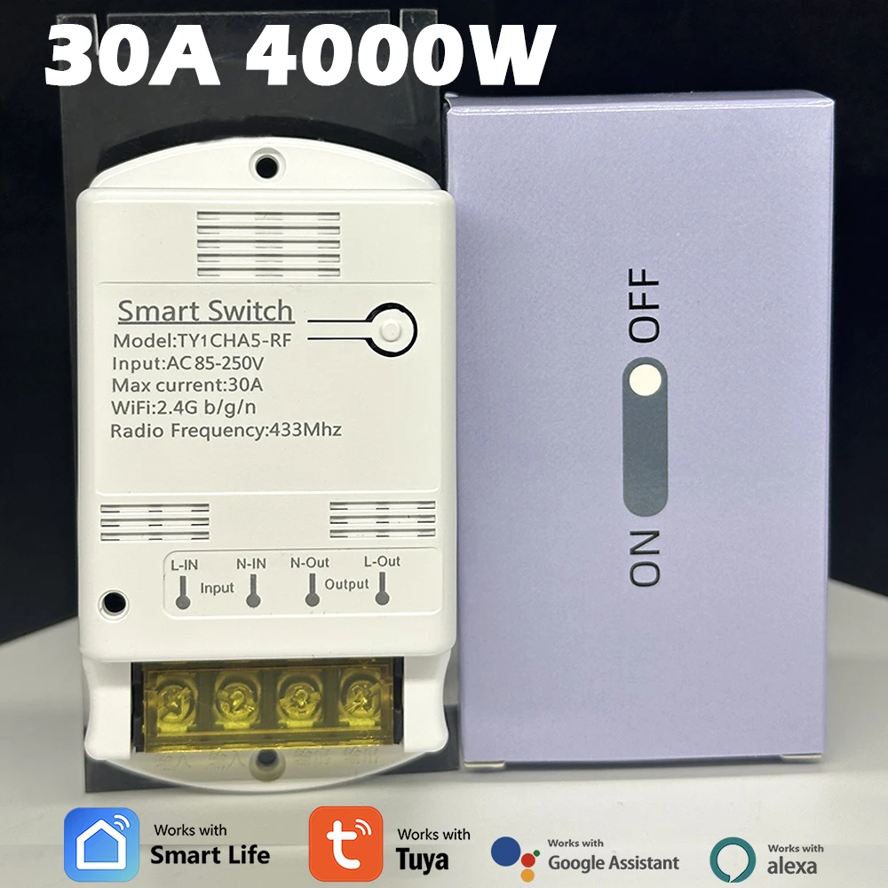 

Tuya Wi-Fi Smart Switch Relay AC DC 7-32 В 85-250 В 30A/20A 4000 Вт Smart Life 433 Модуль дистанционного управления Автоматический выключатель для Alexa