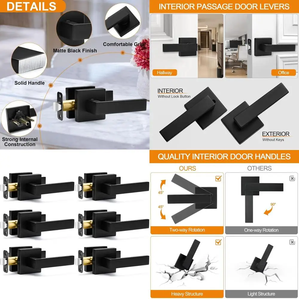 

Matte Black Square Non-Locking Door Handles for Interior Doors, Heavy Duty, Reversible for Right or Left Sided Doors