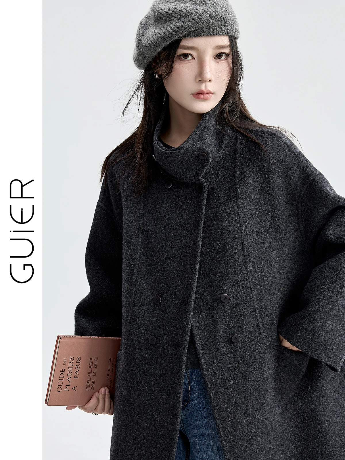 

Женское шерстяное пальто Guier средней длины, свободного кроя, с воротником-стойкой, двустороннее, зимняя верхняя одежда, стройнящее, с длинными рукавами