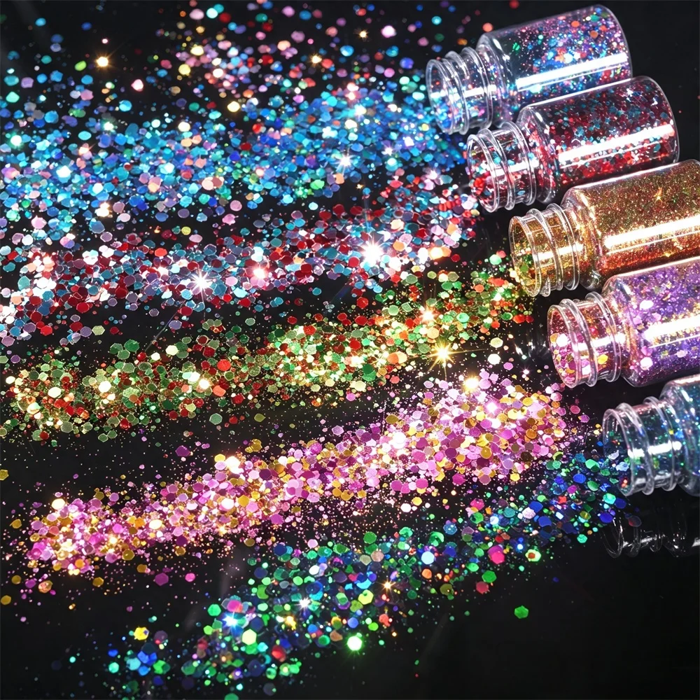 9Pcs Holographic Chunky Nail Sequins Vibrant Mixed Color Hexagon Confetti Nail Glitter For DIY Handmade Manicure Nails Art Salon