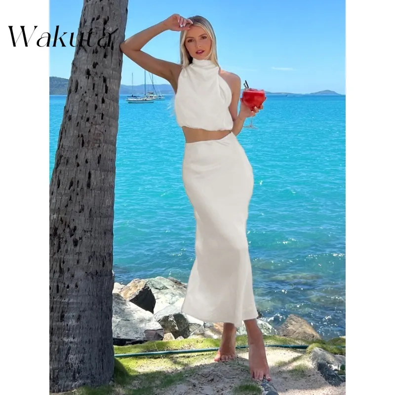 WAKUTA American Vintage Bib Sleeveless Tanks Sexy Wrap Hip Draped Halter Long Skirt Casual Fashion Suit Женский Вязаный Костюм