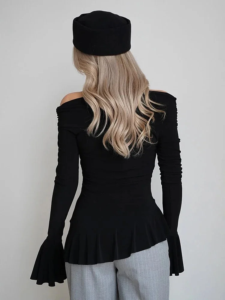 Fantoye 여성용 섹시한 오프숄더 프릴 풀오버 티셔츠, 흰색 플레어 소매, 짧은 티셔츠, 용수철 슬림 캐주얼 스트리트웨어