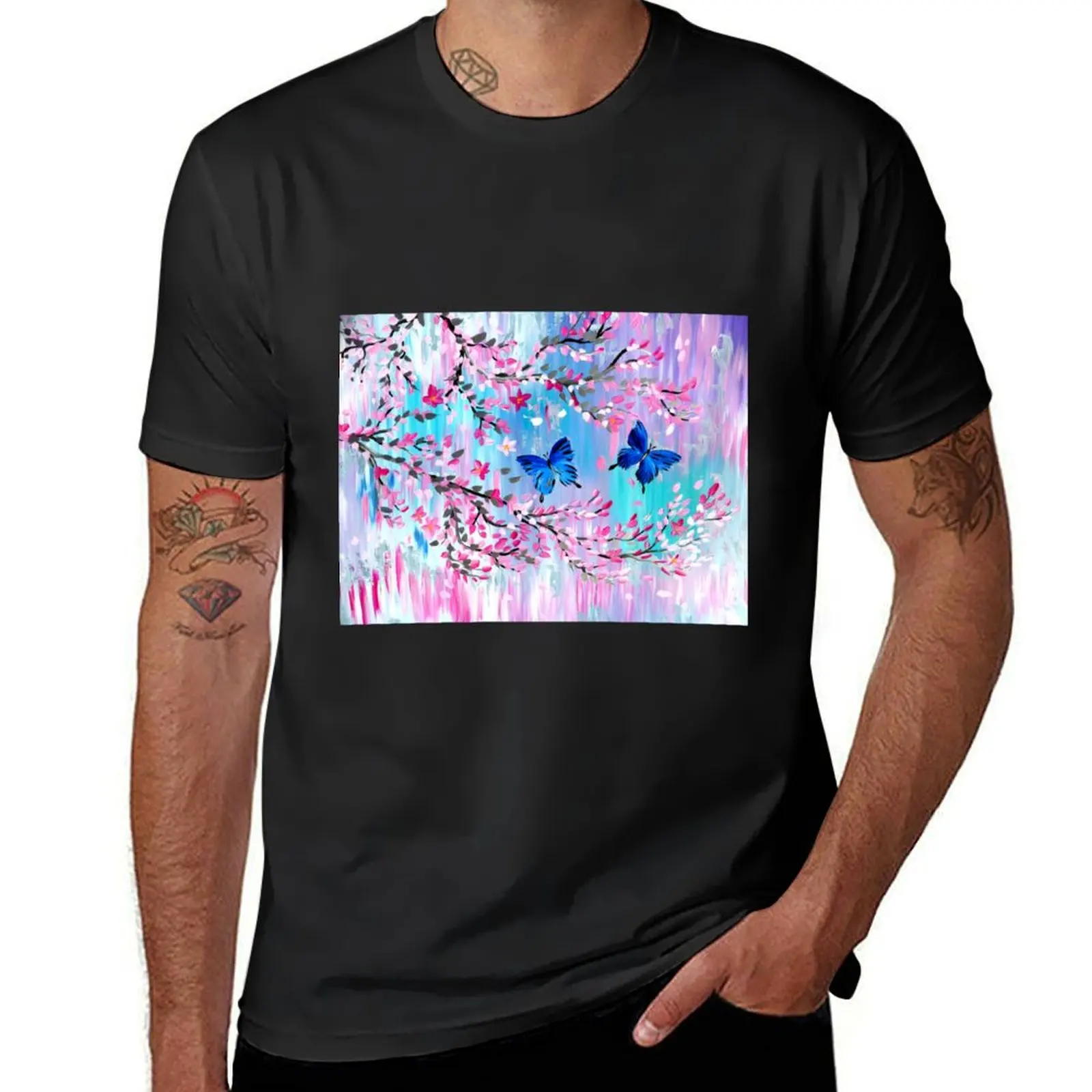 Butterflies with Japanese Cherry Blossom- Ulysses butterflies T-Shirt summer clothes sublime T-shirt men