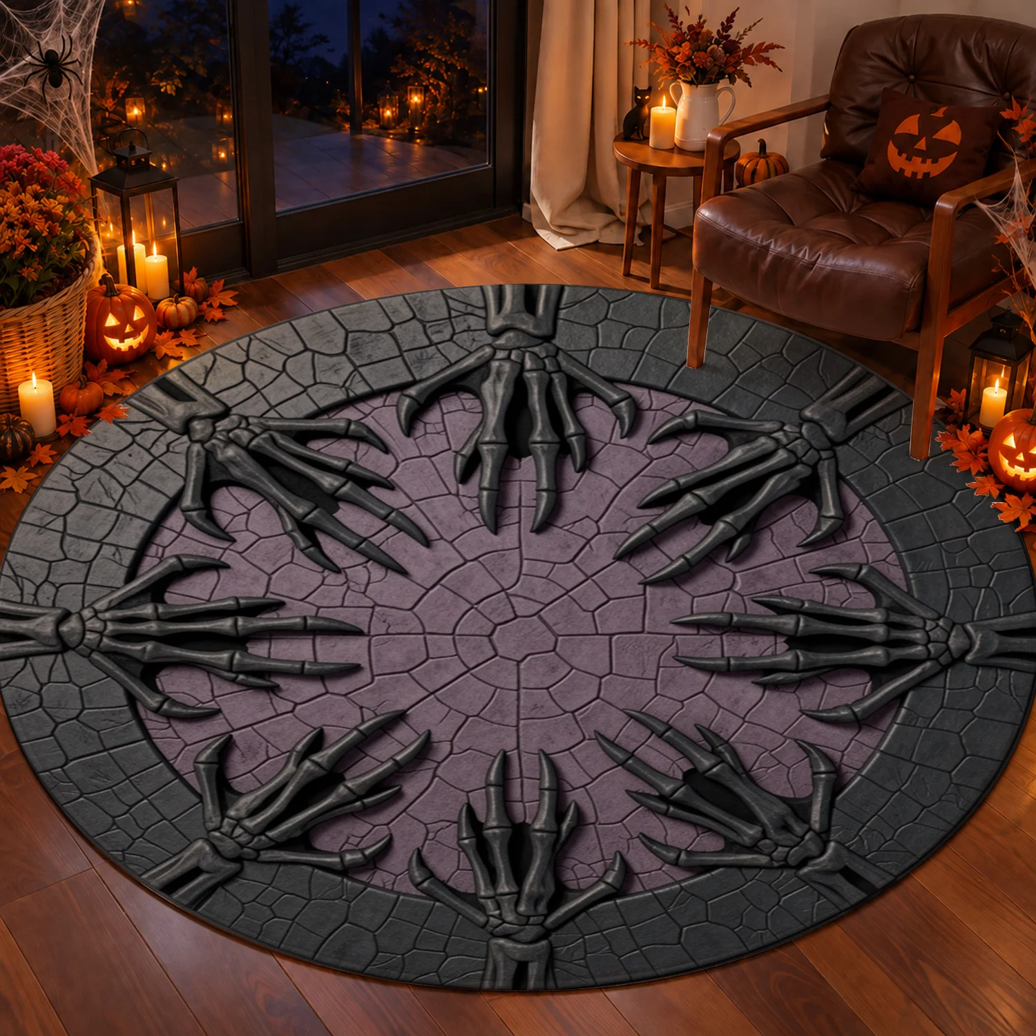 Skeleton Hands Cracked Pattern Round Velvet Mat Machine Washable for Living Room Bedroom Entryway Dining Area Halloween Thanksgiving Black Friday Cyber Monday Christmas New Year