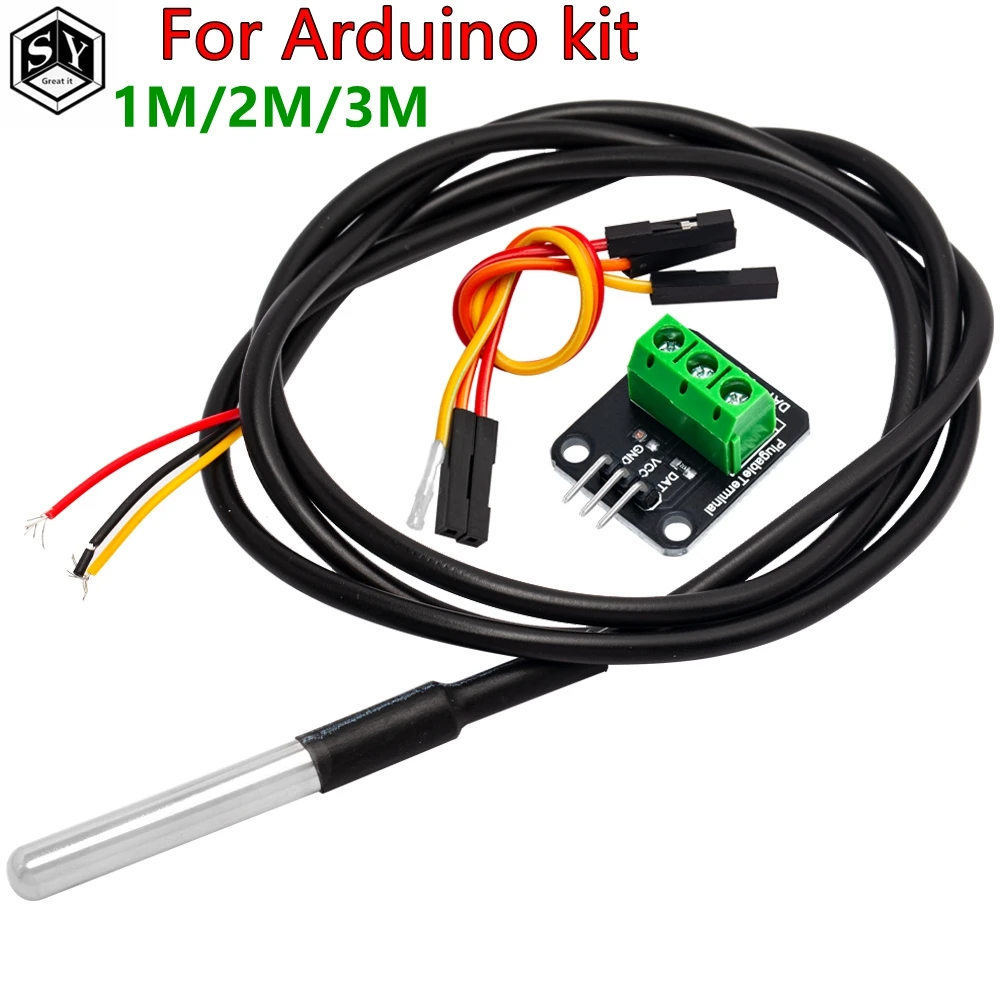 DS18B20 Temperature Sensor Module Kit Waterproof 100CM Digital Sensor Cable Stainless Steel Probe Terminal Adapter For Arduino