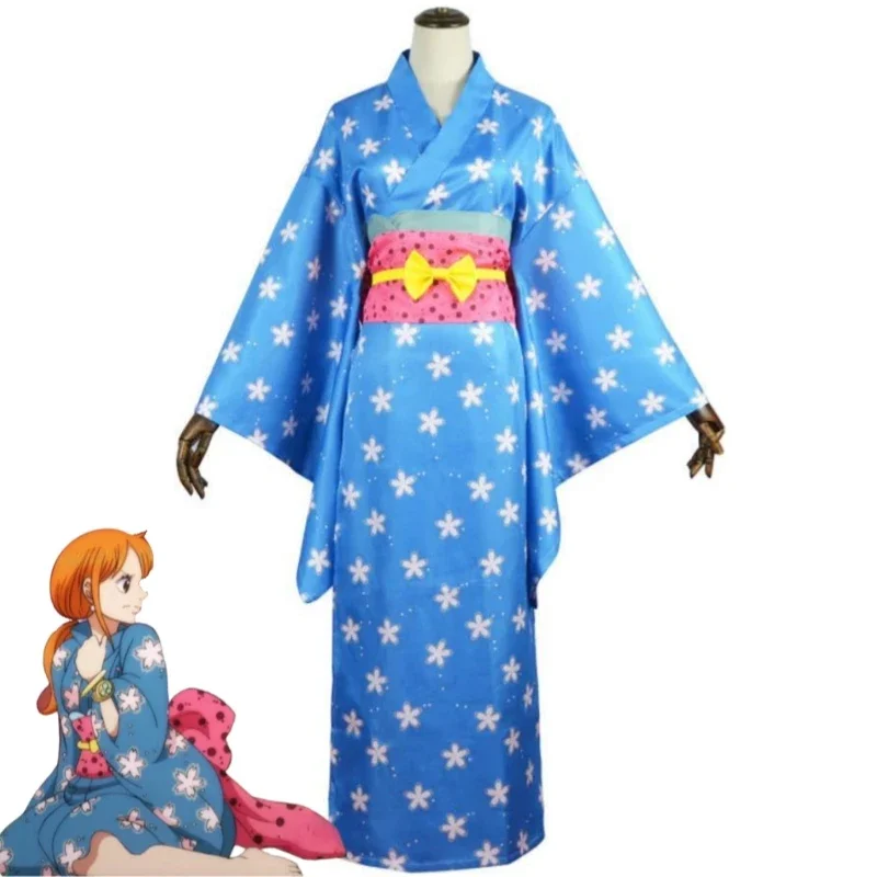 Anime Nami Stampede Wano Kuni Country Cosplay Costume Wig Blue Japanese Bathrobe Kimono Uniform Halloween Stage Performance Suit