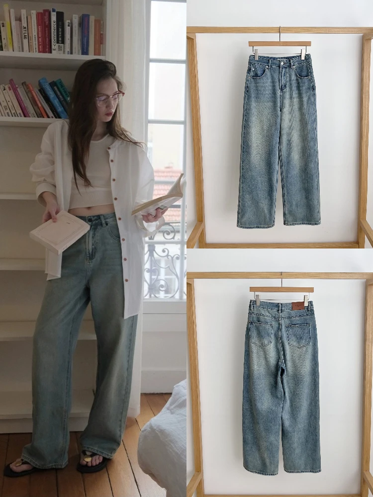 High Waist Wide Leg Denim Jeans Women's Vintage Faded Draped Loose Straight Long Pants Retro Sle Cotton Fabric Ladies Jeans