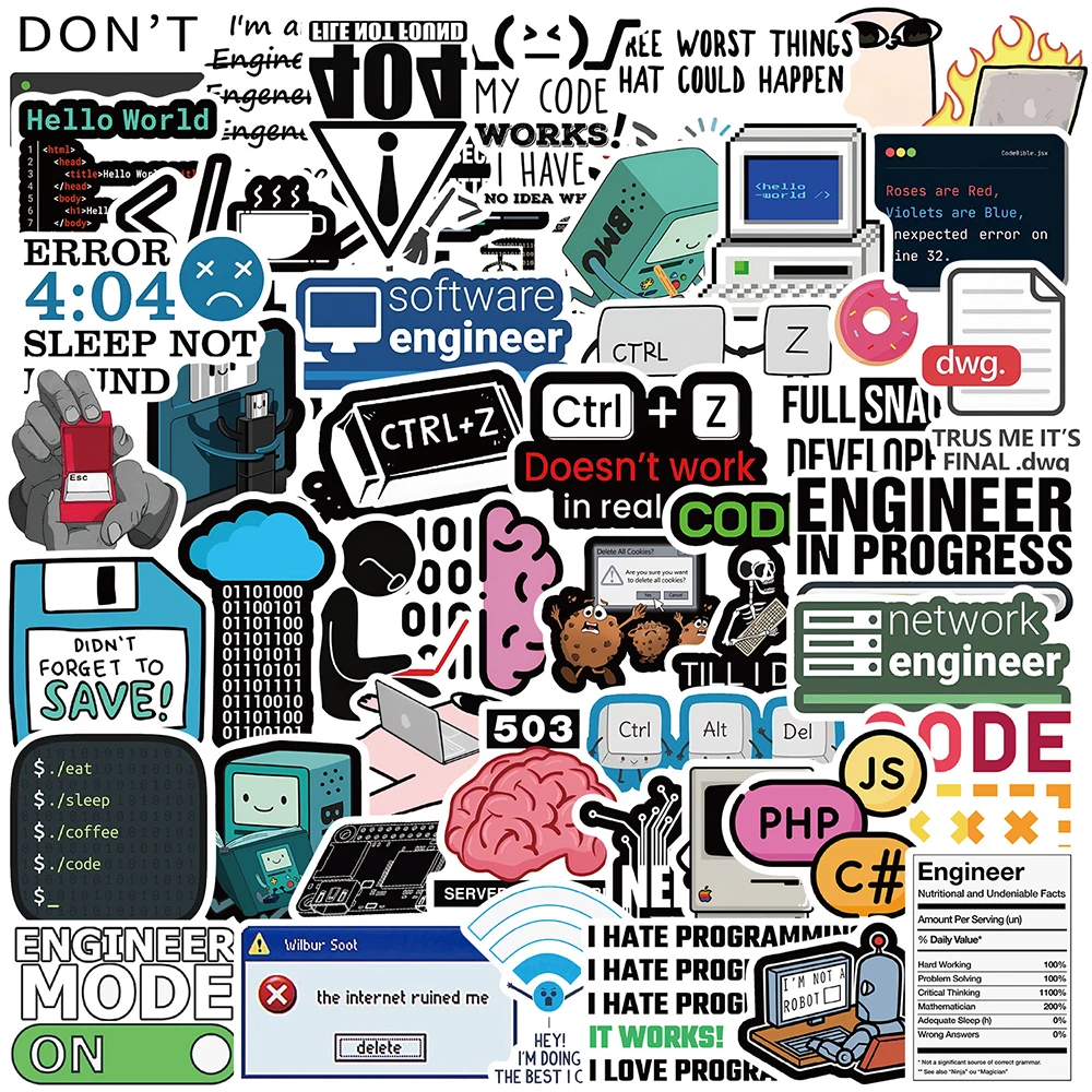 

50pcs Funny Programming Meme Stickers Java JS Php Docker Html Cloud Language Decal Computer Laptop Car 404 Network Error Sticker