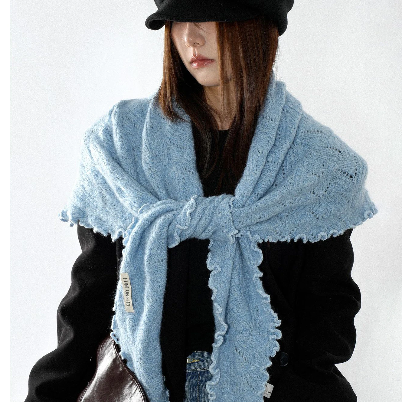 

Women New Lace Edged Knit Triangle Scarf 190cm Long Boho Chic Winter Solid Shawl Soft Warm Wrap Black Beige Grey White Colors